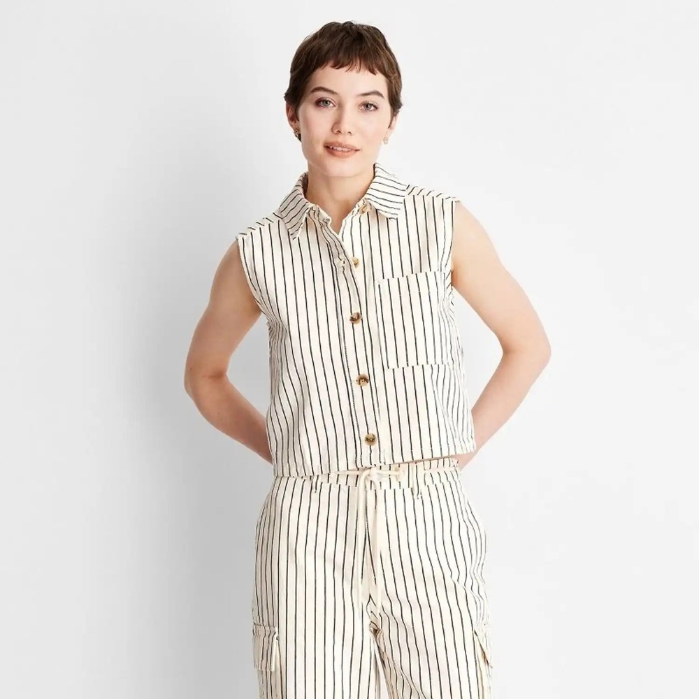 Future Collective Womens‎ Cream Black Striped Sleeveless Button Down Cropped L